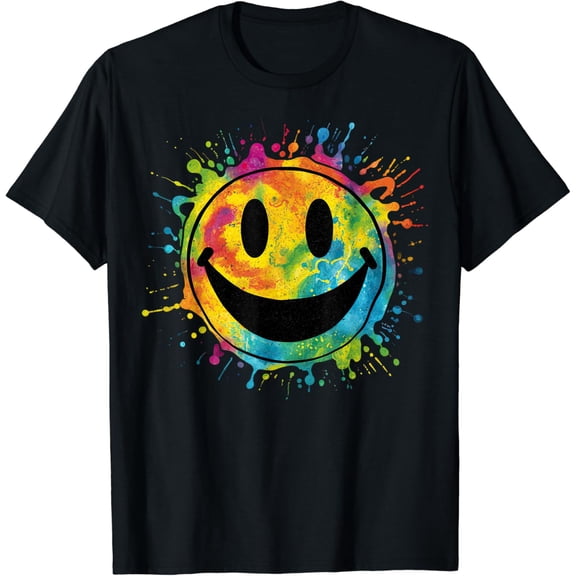 Retro Happy Face Rainbow Tie-dye Splatter – 70s Peace Smile T-Shirt
