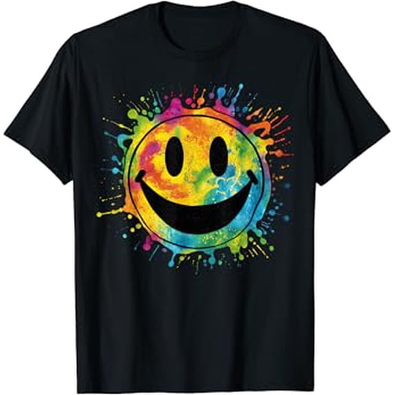Retro Happy Face Rainbow Tie-dye Splatter – 70s Peace Smile T-Shirt