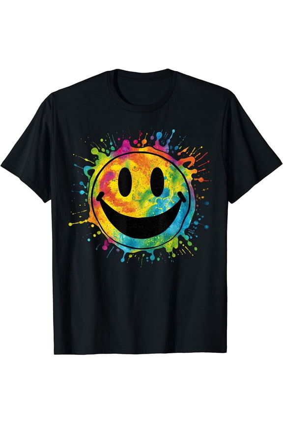 Retro Happy Face Rainbow Tie-dye Splatter – 70s Peace Smile T-Shirt