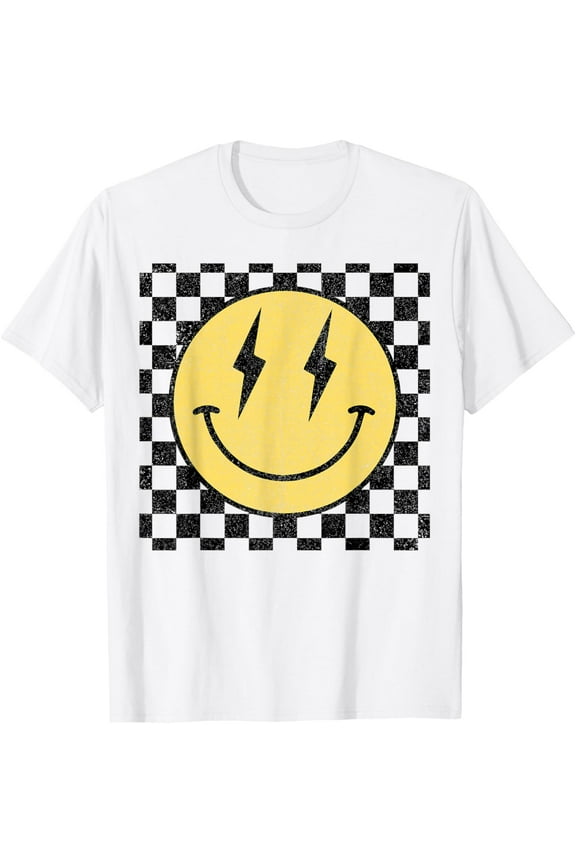 Retro Happy Face Shirt Checkered Pattern Smile Face Trendy Mens T-Shirt