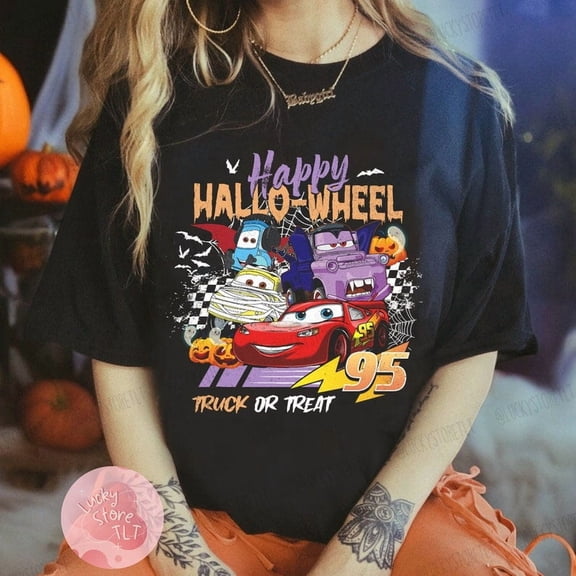 Retro Happy Hallo-Wheel Shirt, Cars Movie Characters Halloween Shirt, Disney Halloween Shirt, Halloween Party Shirt, Disney Halloween Trip