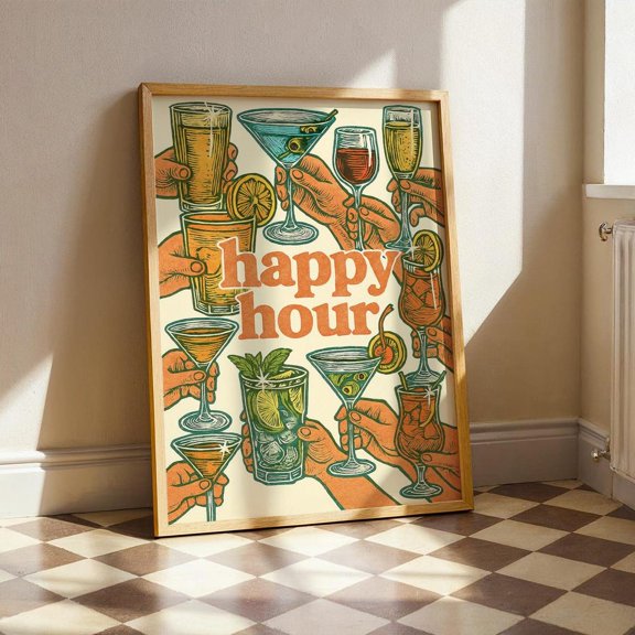 Retro Happy Hour Vintage Cocktail Mid Century Bar Decor for Kitchen Lounge or Home Poster