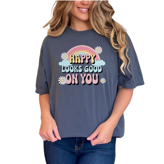 Retro Happy Looks Good On You Rainbow Graphic Tee, Positive Vibes T-Shirt, Cute Casual Shirt, Colorful Graphic Print Tee, Denim Comfort Colors T-Shirt, 3XL