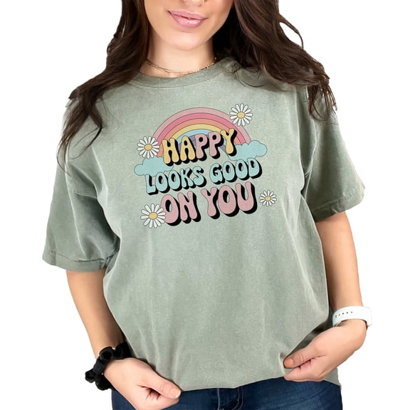 Retro Happy Looks Good On You Rainbow Graphic Tee, Positive Vibes T-Shirt, Cute Casual Shirt, Colorful Graphic Print Tee, Moss Comfort Colors T-Shirt, XL