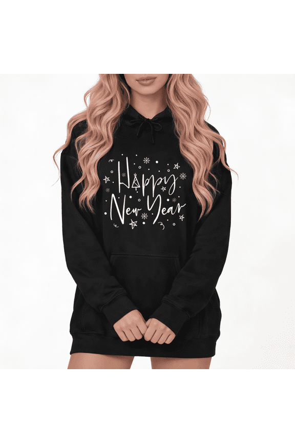 Retro Happy New Year Graphic Hoodie Dress Womans Print White/Black Size S-2XL Holiday Comfort Tops