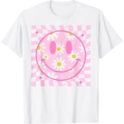 Retro Happy Smile Face Checkered Pattern Pink Daisy Flower T-Shirt, Vintage Birthday Gift