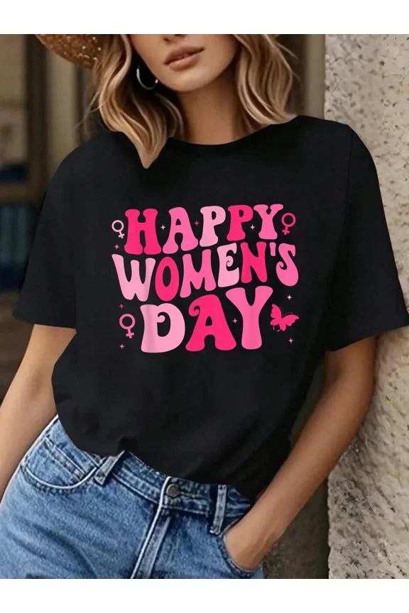 Retro Happy Women's Day Graphic T-Shirt Groovy Pink Lettering Short Sleeve Cotton Tee for Women International Women's Day Empowerment Gift Top