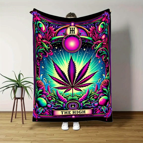 Retro Harajuku Maple Leaf Flannel Blanket - Psychedelic 70s Style in Neon Green, Pink, Purple, All-Season Cozy Throw for Bed, Sofa, Camping, Travel, Machine Washable