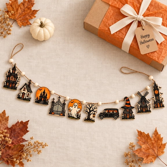 Retro Haunted House Halloween Ornament Wooden Garland Spooky Decor
