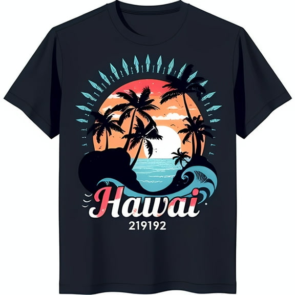 Retro Hawaii Sunset Graphic T-Shirt Dark Blue Neck with Trees & Ocean Design