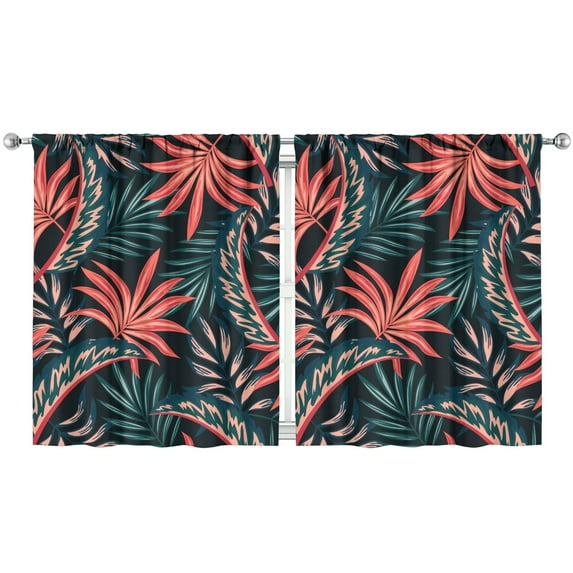 Retro Hawaiian Leafy Kitchen Curtains - 2 Piece Rod Pocket Design, Colorful Exotic Print, 52x63 Inch, Light Filtering