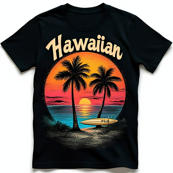 Retro Hawaiian Sunset Ocean T-Shirt Black Tee with Trees Design