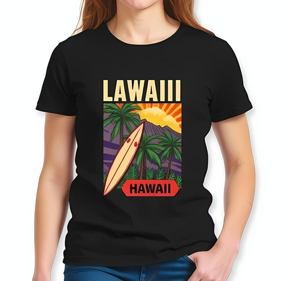 Retro Hawaiian Surfboard Graphic Cotton Short Sleeve T-Shirt - Sunset Volcano & Trees Design Casual Island Life Style