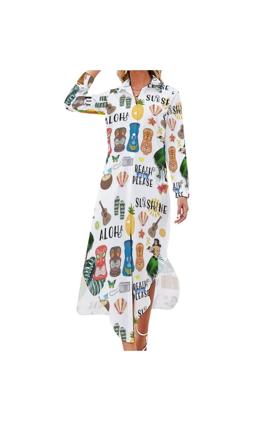 Retro Hawaiian Tiki Pattern Long Sleeved Shirt Dress Dresses Womens dresses Dresses for wedding party