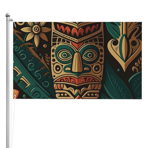 Retro Hawaiian Tiki Tribal Double Sided Flag 3x5FT Reversible Garden Flag Outdoor Decor for House, Porch, Lawn, Yard, Indoor Wall, Party Decoration