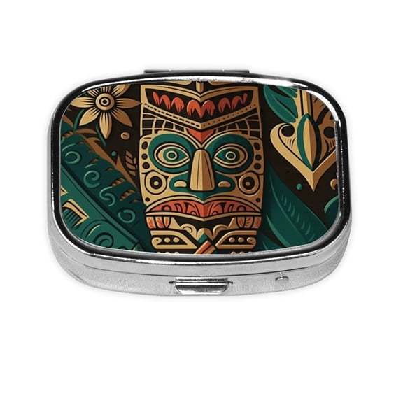 Retro Hawaiian Tiki Tribal Square Pill Box 2 Compartment Pill Case Medicine Organizer Decorative Gift for Purse Pocket