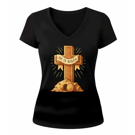 Retro He Is Risen Cross Print T-shirt, Fashion Tee with Classic Religious Design