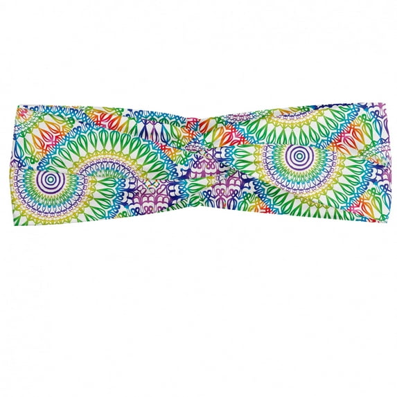 Retro Headband, Ethnic Design Hippie Art Mandala with Rainbow Colors Trippy Medallion LGBT Pride, Elastic and Soft Women's Bandana for Sports and Everyday Use, Grey Red Coconut, by Ambesonne