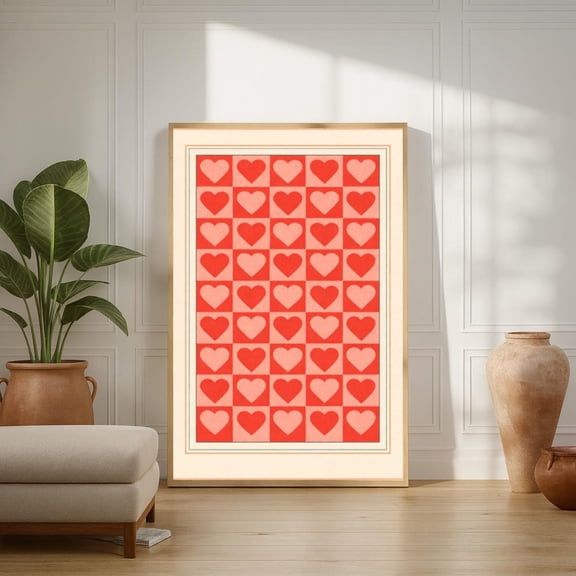 Retro Heart Checkerboard Pattern Wall Art | Pink Red Valentine Background, Unframed Canvas 8x10in