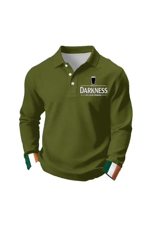 Retro Hello Darkness My Old Friend Shirt for Men St. Patrick's Day Waffle Polo Shirts Long Sleeve Irish Beer Shirts Graphic Ireland Button Down Tee,Camouflage Green M