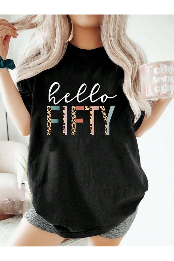 Retro Hello Fifty Leopard Print 50th Birthday T-Shirt for Women Funny Casual Short Sleeve Graphic Tee