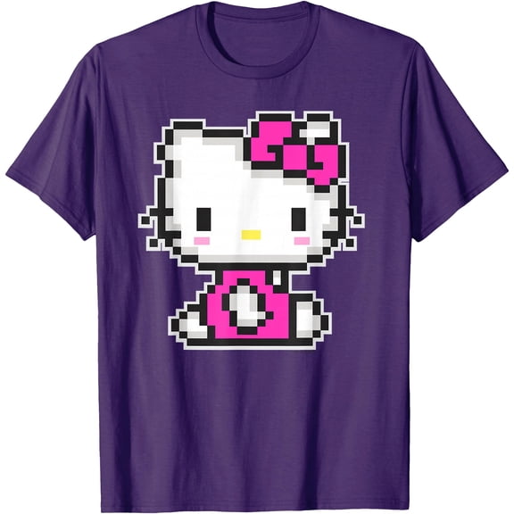 Retro Hello Kitty Pixel Style DTG Print Unisex T-Shirt,Purple Color,Size YS