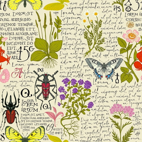 Retro Herbal Floral Shelf Liner Contact Paper Butterfly Inscriptions Vintage Botanical Peel and Stick Wallpaper Newspaper Drawer Liner Roll 17.7X117 Inches