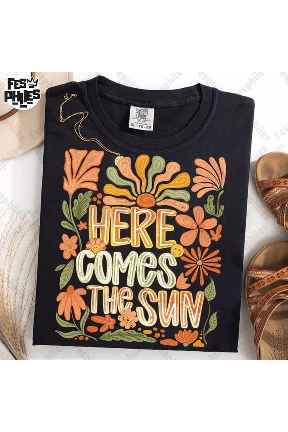 Retro Here Comes The Sun T-shirt, Cute Summer Shirt, Trendy Summer Vibes Shirt, Boho Floral Shirt, Groovy Preppy Shirt, Funny Hippie Tee TH260531