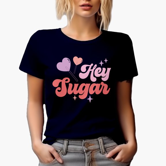 Retro Hey Sugar feat. Heart Lollipops, Valentine's Day Art Merch Gift, Navy Blue T-Shirt, 3XL