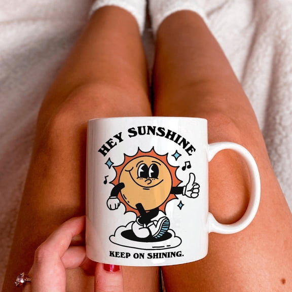Retro Hey Sunshine Mug, Vintage Character Ceramic Cup, Positive Quote Mug, Friend Teacher Gift Idea, 70s 80s graphic Mug, Cute Novelty Gift