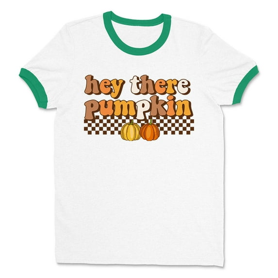 Retro Hey There Pumpkin Ringer Tee Shirt Unisex Large White/Kelly Green