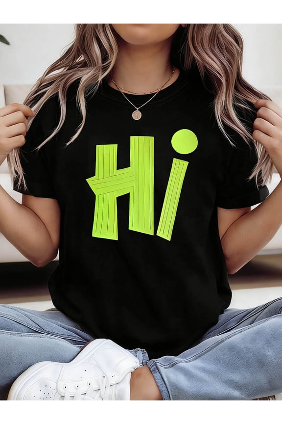 Retro "Hi" Statement Tee | Bold Neon Green Text Shirt, Perfect for Everyday Fresh Vibe