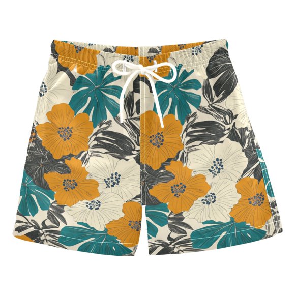 Retro Hibiscus Flowers Leaves Tropical Boys' Swim Trunks Board Shorts Beach Pants Bathing Bottoms 2T