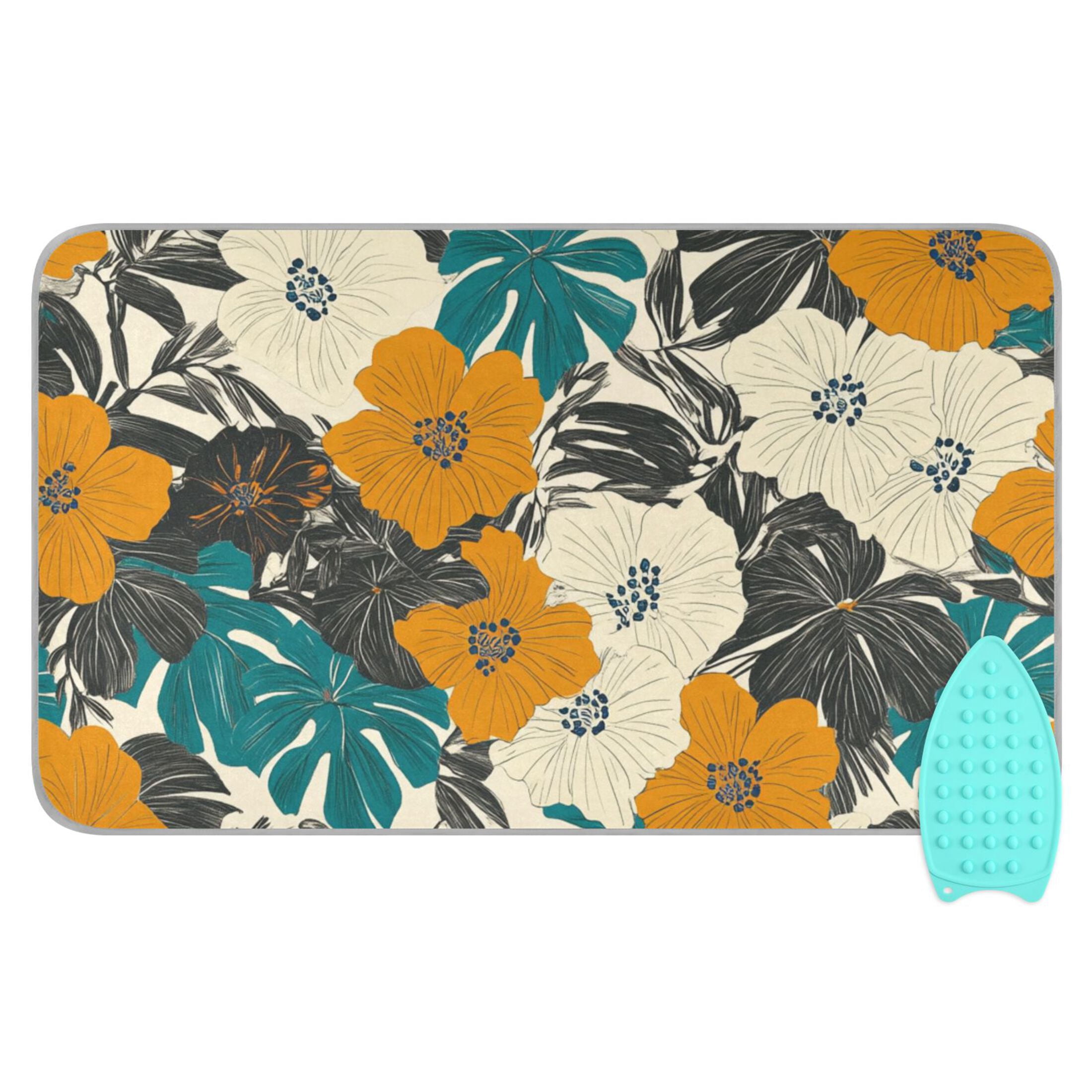 Retro Hibiscus Flowers Leaves Tropical Ironing Mat Blanket Portable Travel Ironing Pad Heat Resistant Pad 47.2" x 27.6”