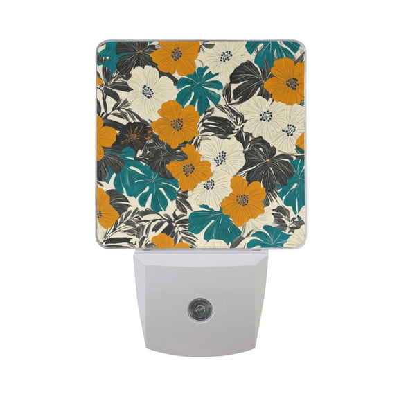 Retro Hibiscus Flowers Leaves Tropical LED Night Light with Smart Sensor Plug Into Wall Dusk to Dawn 2 packs