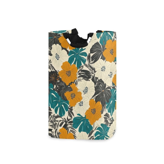 Retro Hibiscus Flowers Leaves Tropical Laundry Basket with Handles Foldable Laundry Hamper Freestanding Washing Bin 50L