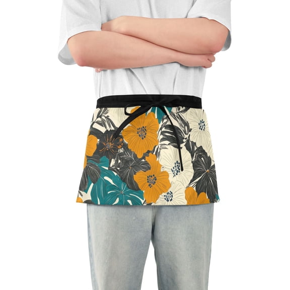 Retro Hibiscus Flowers Leaves Tropical Short Server Apron with 3 Pockets for Unisex Chef Gardening