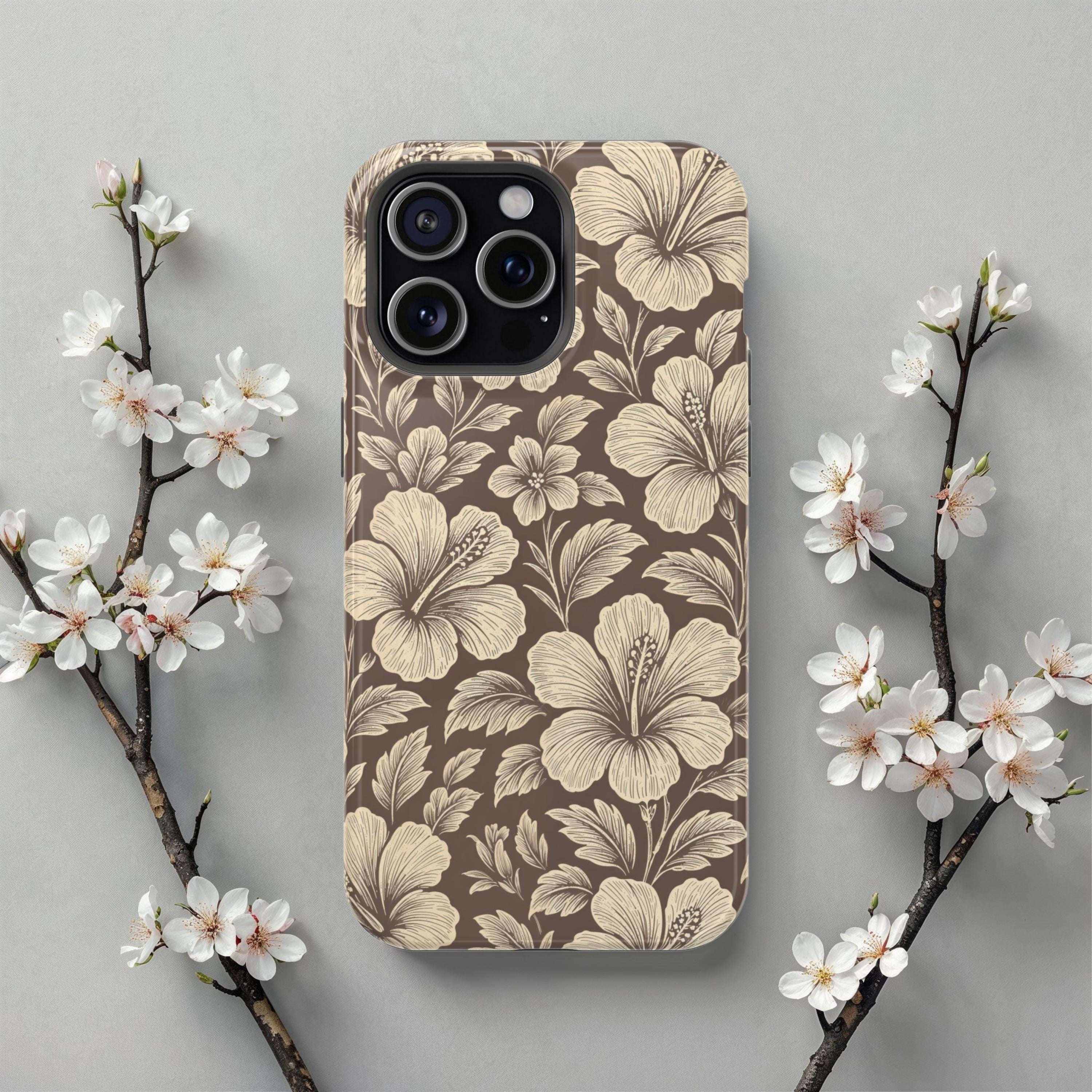 Retro Hibiscus Phone Case Beige Floral Art for iPhone 17 to 11 Pro Max — free download