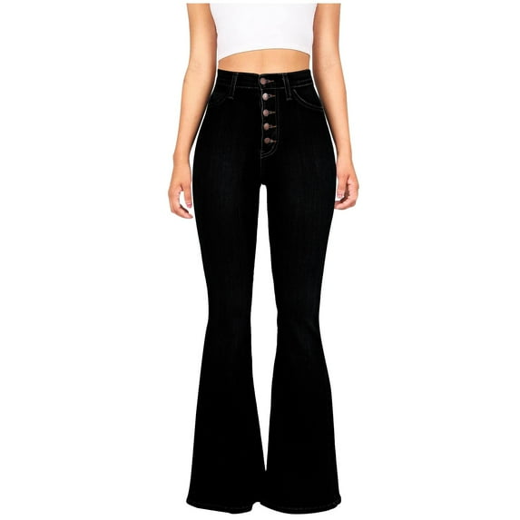 Retro High Waist Bell Bottom Jeans Womens High Waist 5-Buttons Skinny Flared Denim Long Pants Bootcut Jean Trousers (XL, Black)