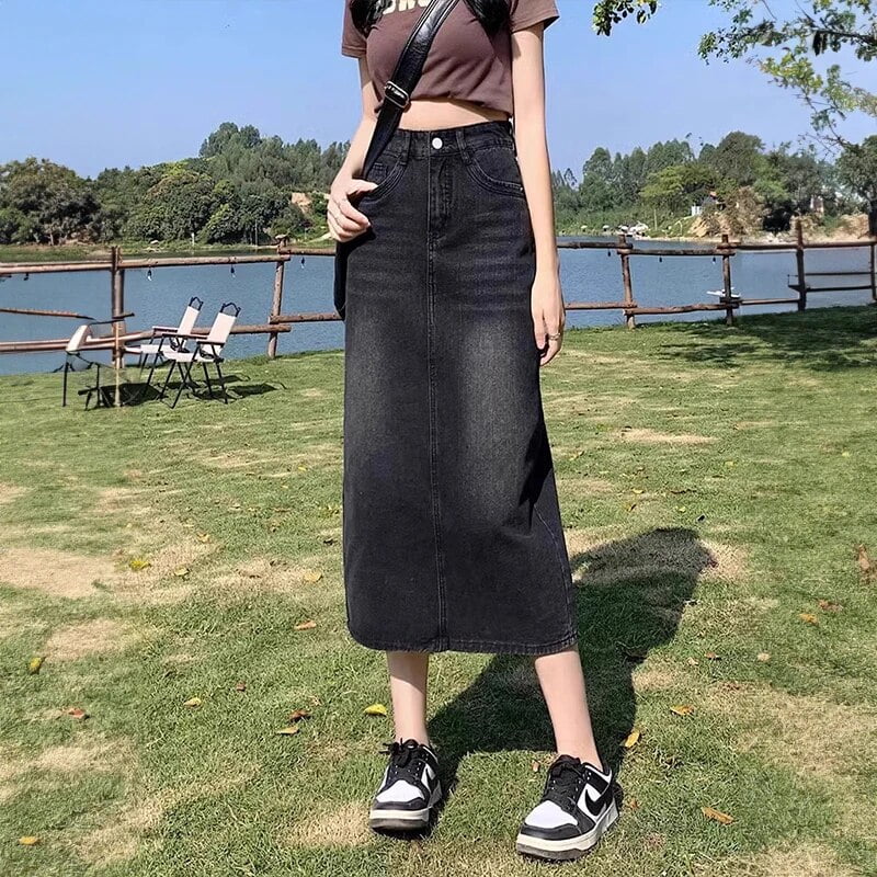 Denim Midi Skirt Jeans Skirt Winter Retro High Waisted Denim