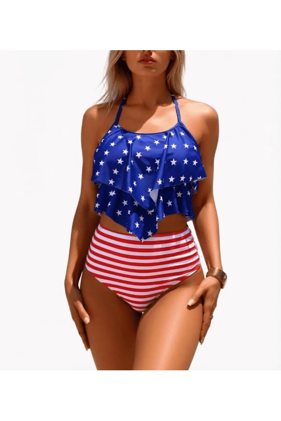 Retro High Waisted Flag Bikini Set Flowy Ruffle Halter Top with Tummy Control Bottom