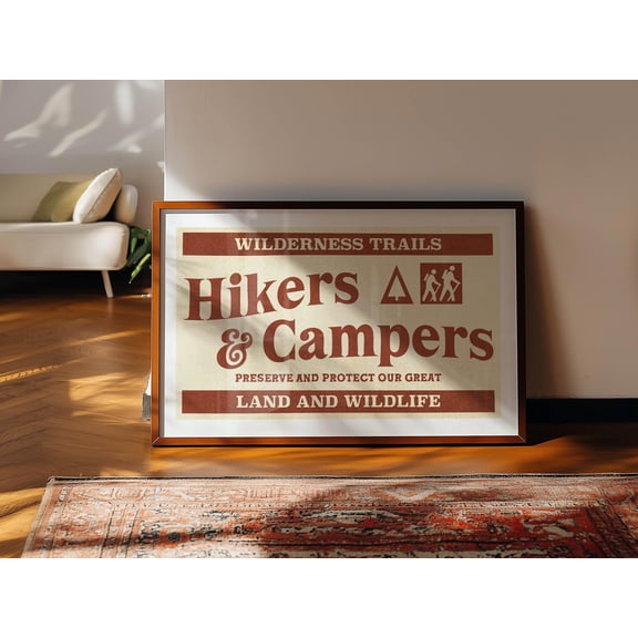 Retro Hiking & Camping Poster Wilderness Sign, Poster Only