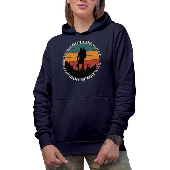 Retro Hiking or Hiker, Navy Blue Hooded Sweatshirt or Hoodie, Small