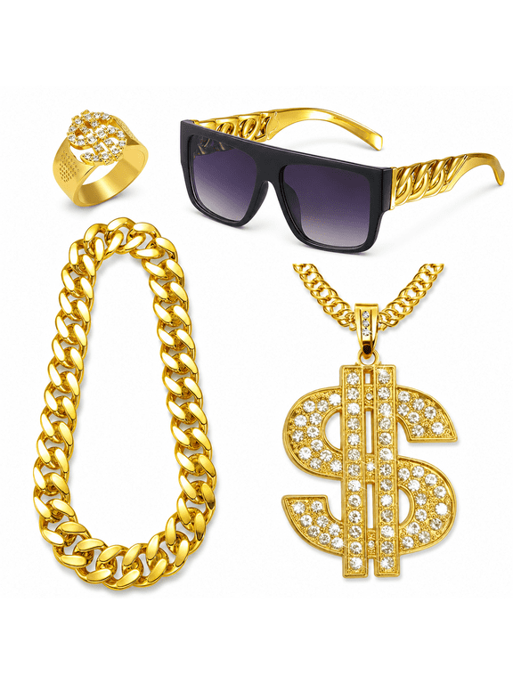 Retro Hip Hop Dollar Sign Necklace Set with Gold Cuban Link Chain and Punk Sunglasses, Metallic Party Costume Accessories Kit for Men Rapper Outfit Halloween Cosplay and Stage Performance
