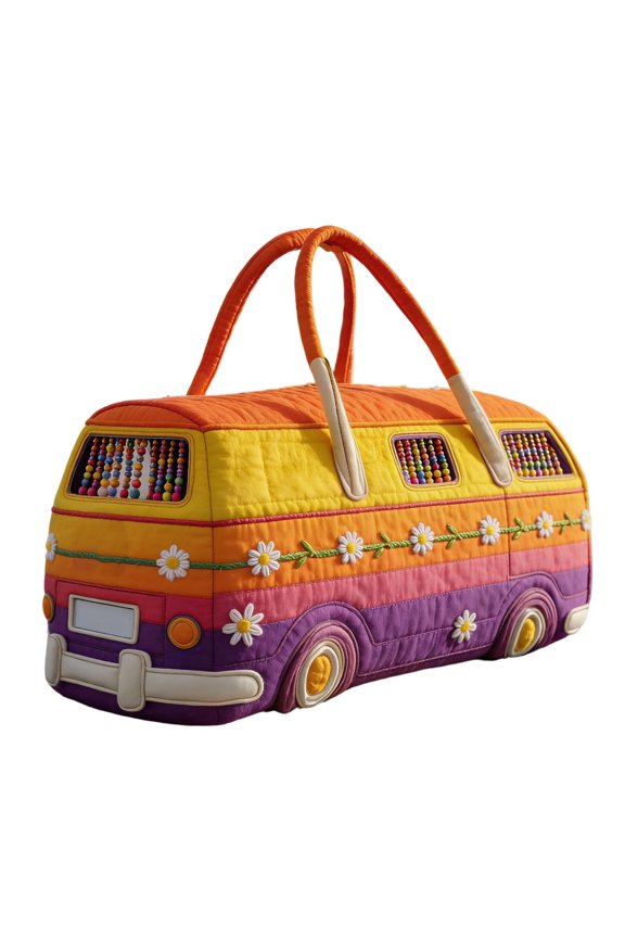 Retro Hippie Bus Shaped Handheld Duffel Bag, 3D Floral Embroidery Quilted Weekend Travel Bag, Cute Color Gradient Canvas Handbag for Shopping Everyday Travel