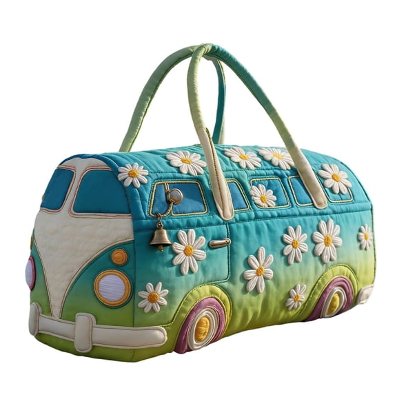 Retro Hippie Bus Shaped Handheld Duffel Bag, 3D Floral Embroidery Quilted Weekend Travel Bag, Cute Color Gradient Canvas Handbag for Shopping Everyday Travel