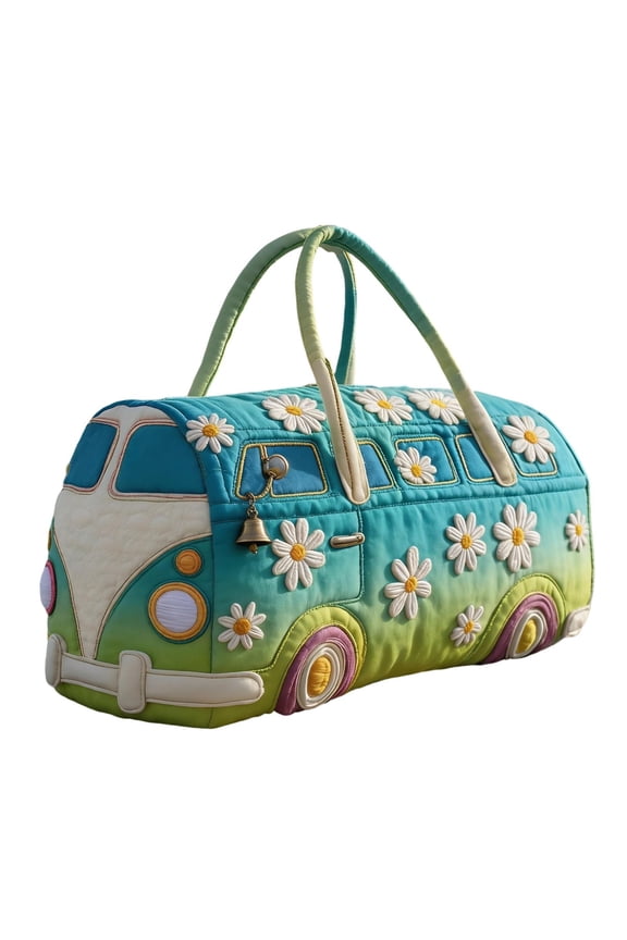 Retro Hippie Bus Shaped Handheld Duffel Bag, 3D Floral Embroidery Quilted Weekend Travel Bag, Cute Color Gradient Canvas Handbag for Shopping Everyday Travel