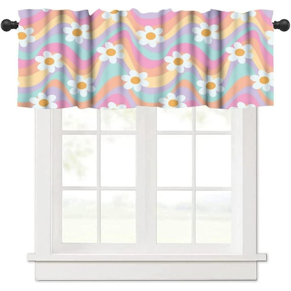 Retro Hippie Flower Valance Curtains, 60s 70s Boho Daisy Flower Rainbow Valance Curtains for Bedroom Living Room Kitchen 54x18inch