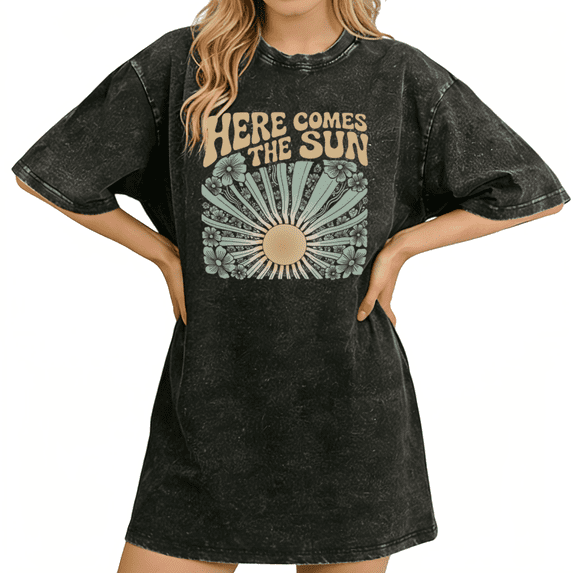 Retro Hippie Here Comes The Sun Graphic Tees Washed Black Shirts Print Tshirt Nature Fan S-2XL Tops