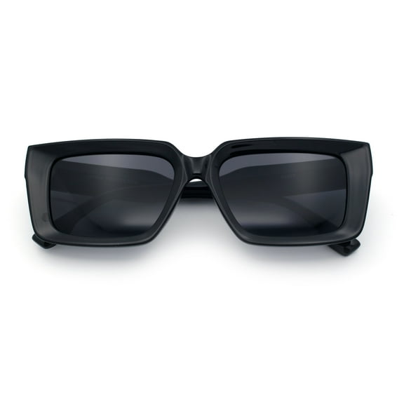 Retro Hipster Thick Beveled Frame Horn Rim Square Rectangle Sunglasses All Black